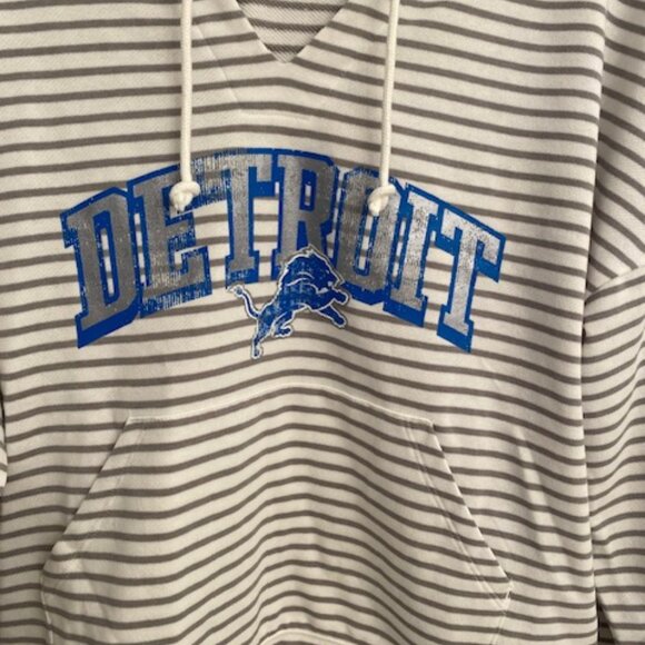 Detroit Lions Fanatics Women's Striped Notch Neck Pullover Hoodie - White/Gray - Picture 4 of 9